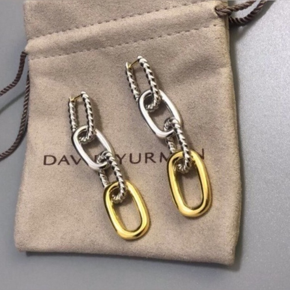David Yurman Mixed Metal Link Drop Earrings — Gold and Silver